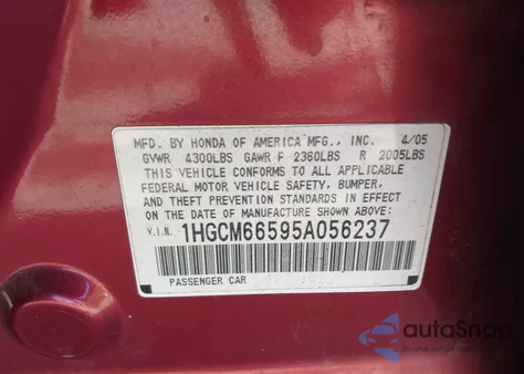 2005 Honda Accord 3.0 Ex z USA, uszkodzony, nr VIN 1HGCM66595A056237